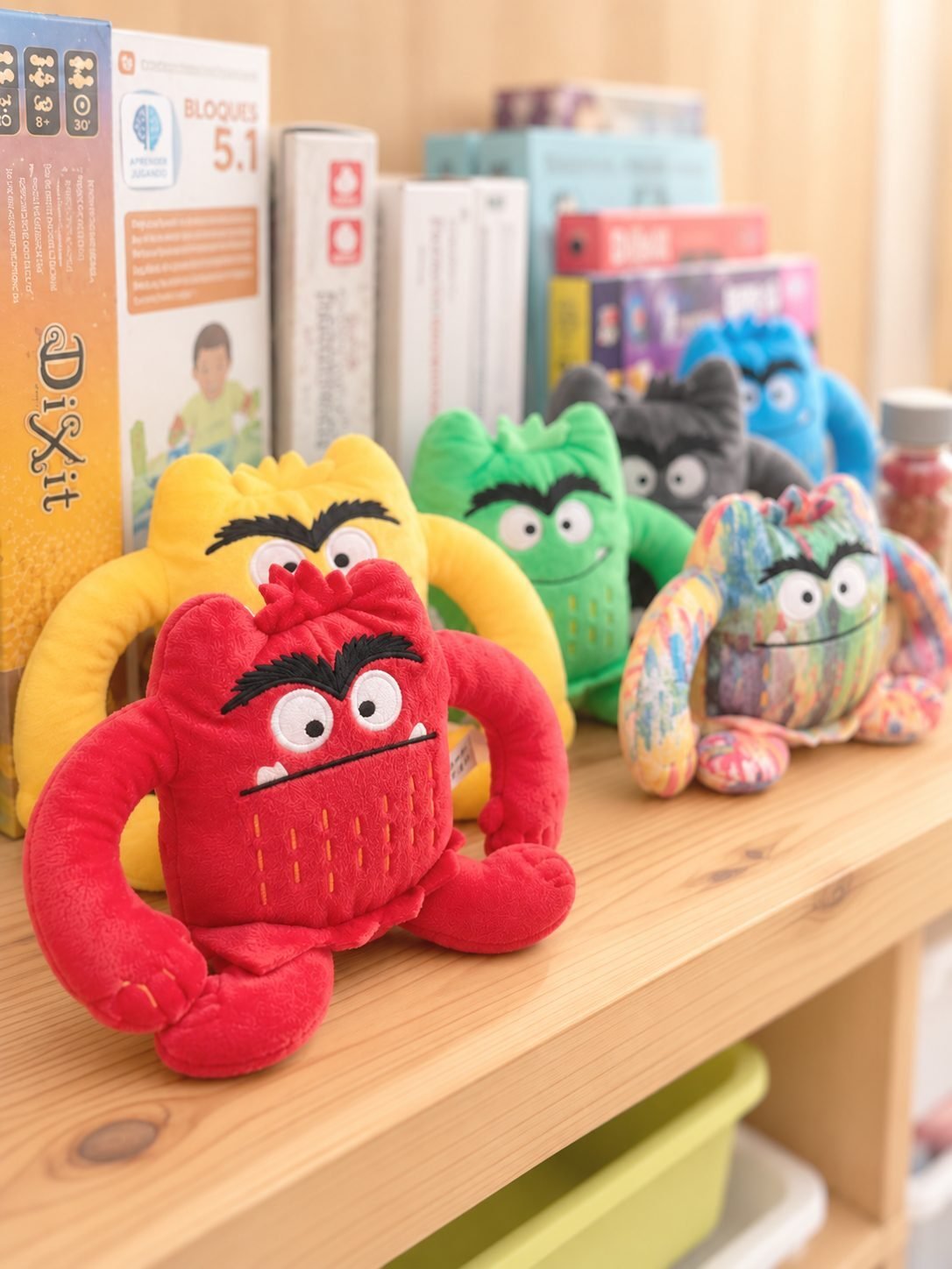 Peluches de los monstruos de colores en la sala infantil