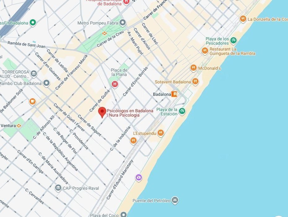 Mapa de Badalona con la ubicación de Nura Psicología en Carrer del Progrés 28