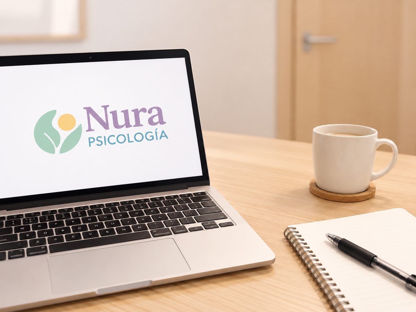Portátil con el logo de Nura Psicología para sesiones online